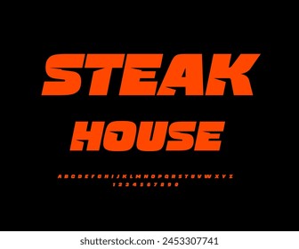 Vector trendy Advertisement Steak House. Unique Modern Font. Cool Red Alphabet Letters and Numbers set.