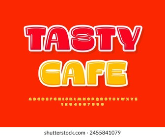 Vector trendy advertisement Tasty Cafe. Bold funny Font. Bright Yellow Alphabet Letters and Numbers set.