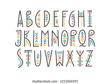 Vector trendy alphabet in ethnic style with colorful decor. 