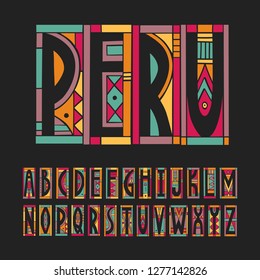 Vector trendy alphabet made of cutout geometric colored shapes on a black background. Peru palette.