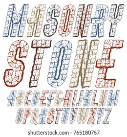 Vector trendy ancient capital English alphabet letters collection. Bold condensed italic font, typescript can be used in art creation. Created using dimensional masonry design.