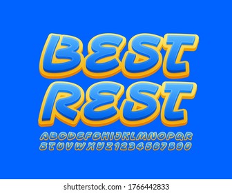 Señal de moda vectorial Mejor Descanso con fuente azul y amarilla. Letras y números de alfabeto creativos
