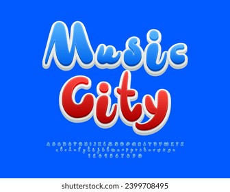 Vector trendy badge Music City. Blue Funky Font. Bright Handwritten Alphabet Letters and Numbers