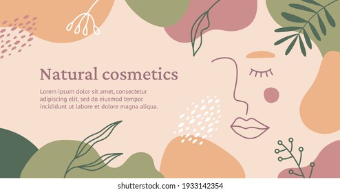 Pancarta de moda vectorial para la industria de la belleza. Concepto de cosmética natural. Ilustración con un retrato surrealista lineal de una mujer, formas de color abstracto y elementos florales en colores naturales.