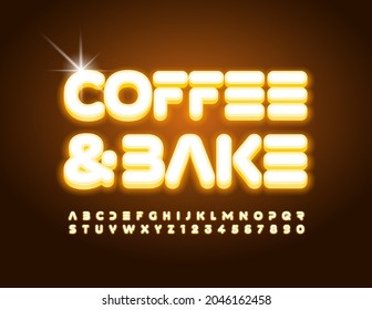 Vector trendy banner Coffee and Bake. Modern electric Font. Yellow Alphabet Letters and Numbers set