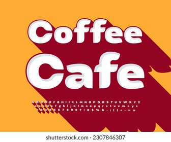 Pancarta de moda vectorial Coffee Cafe. Fuente blanca con sombra marrón. Conjunto creativo de letras, números y símbolos alfabéticos