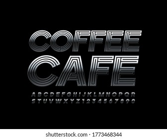 Vector trendy banner Coffee Menu. Metallic Abstract Font. Maze style Silver Alphabet Letters and Numbers