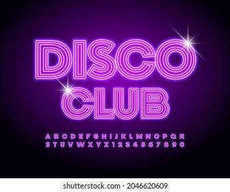 Vector trendy Banner Disco Club. Bright Neon Font. Illuminated Alphabet Letters and Numbers set.