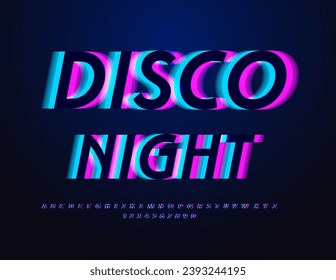 Vector trendy banner Disco Night. Futuristic neon Font. Creative set of Alphabet Letters and Numbers