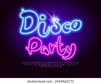 Vector trendy banner Disco Party. Creative Neon Font. Cool Glowing Alphabet Letters and Numbers set.