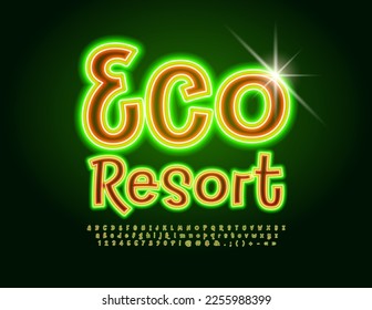 Vector trendy banner Eco Resort with glowing Font. Set of Neon artistic style Alphabet Letters, Numbers and Symbols