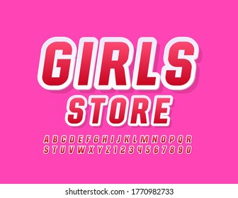Vector trendy banner Girls Store. Modern Red and White Font. Bright Alphabet Letters and Numbers