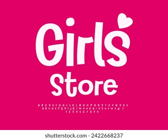 Vector trendy banner Girls Store with decorative Heart. Modern Font. Artistic Alphabet Letters and Numbers.
