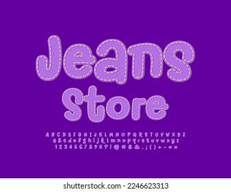 Vektor trendiger Banner Jeans Store. Denim kalligrafische Schriftart. Modischer Satz von Alphabet-textilen Buchstaben, Zahlen und Symbolen