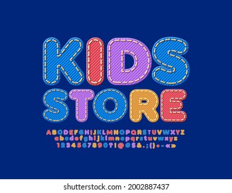 Vector trendy banner Kids Store. Denim textured Font. Bright Jeans Alphabet Letters and Numbers set