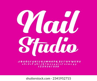Vector trendy banner Nail Studio. Beautiful handwritten Font. Glamour style set of Alphabet Letters and Numbers