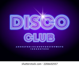 Vector trendy banner Night Club. Modern neon Font. Glowing Alphabet Letters and Numbers set