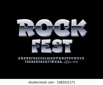 Vector trendy banner Rock Fest with 3D metal Font. Silver Alphabet set.