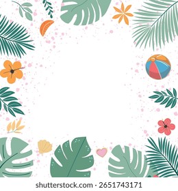 Vector trendy banner, sale card with hand drawn tropical leaves, flowers, lush palm leaves, colorful flowers. For promotions, party invitations, banner. Trendy vector design summer sale
