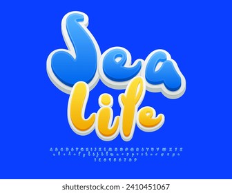 Vector trendy Banner Sea Life. Handwritten Blue Alphabet Letters and Numbers set. Modern Yellow 3D Font.