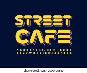 Banner de moda vectorial Street Cafe. Letras y números de alfabeto tecno brillante ajustados ю fuente futurista 3D