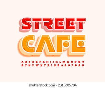 Vector trendy banner Street Cafe. Red 3D Font. Bright creative set of Alphabet Letters and Numbers