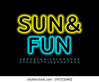 Banner de moda vectorial Sun and Fun. Fuente azul con estilo. Juego de letras y números de alfabeto neón iluminado