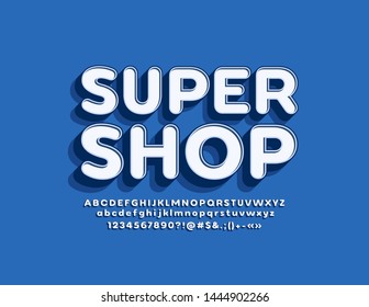 Vector trendy banner Super Shop with 3D Font. Retro Alphabet Letters, Numbers and Symbols
