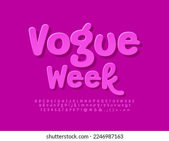 Vector trendy banner Vogue Week. Pink sticker Font. Stylish Alphabet Letters, Numbers and Symbols set