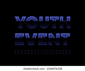 Pancarta de moda vectorial Evento Juvenil. Fuente metálica oscura. Conjunto de letras y números de alfabeto de color azul brillante
