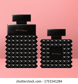 Vector Trendy Black Rivet Perfume Bottle 3D illustration with Rectangular Cap.