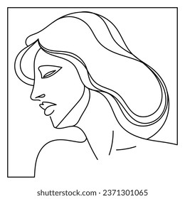 vector trendy black and white linear drawing of a woman in profile with beautiful hair isolated on a white background. Useful for print, cards, posters, advertising beauty products for women, banners.