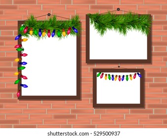 Vector trendy blank poster on the red brick wall realistic mockup with Christmas elements.