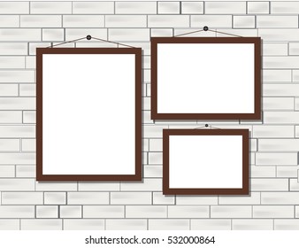 Vector trendy blank poster on the white brick wall realistic mockup. High quality design element.