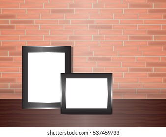 Vector trendy blank poster on the red brick wall realistic mockup. High quality design element.