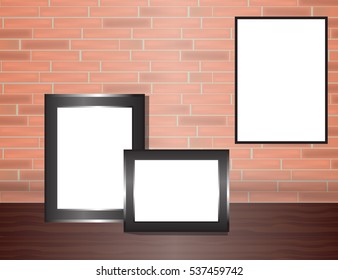 Vector trendy blank poster on the red brick wall realistic mockup. High quality design element.