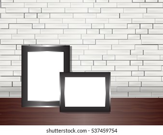 Vector trendy blank poster on the white brick wall realistic mockup. High quality design element.