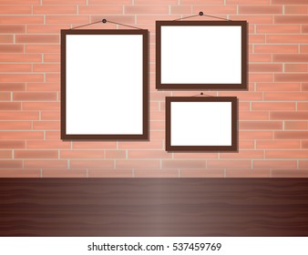 Vector trendy blank poster on the red brick wall realistic mockup. High quality design element.