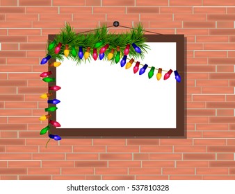 Vector trendy blank poster on the red brick wall realistic mockup (mock up). High quality design element.