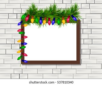 Vector trendy blank poster on the white brick wall realistic mockup with Christmas elements.
