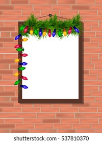 Vector trendy blank poster on the red brick wall realistic mockup (mock up). High quality design element.