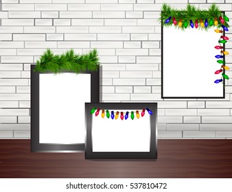 Vector trendy blank poster on the white brick wall realistic mockup with Christmas elements.