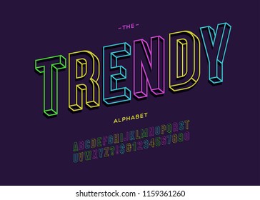 Vector Trendy Bold Typeface 3d Typography Sans Serif For Promotion, Party Poster, T Shirt, Sale Banner, Printing On Fabric, Decoration. Cool Modern Alphabet. Creative Font. 10 Eps