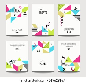 Vector trendy brochure templates with chaotic flat geometry in memphis style. Modern minimalistic design for poster, banner, cover presentation, flyer, invitation. A4 layout.