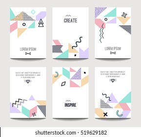 Vector trendy brochure templates with chaotic flat geometry in memphis style. Modern minimalistic design for poster, banner, cover presentation, flyer, invitation. A4 layout.