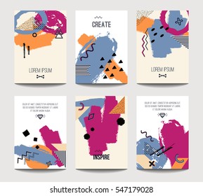 Vector trendy brochure templates with chaotic hand drawn brush geometric elements. Modern minimalistic design for poster, banner, cover presentation, flyer, invitation. A4 layout
