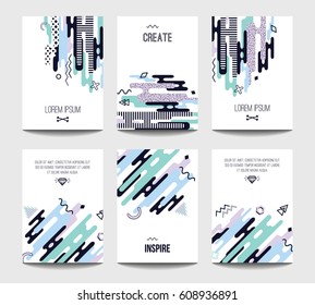 Vector trendy brochure templates with chaotic flat geometry in memphis style. Modern minimalistic design for poster, banner, cover presentation, flyer, invitation. A4 layout.