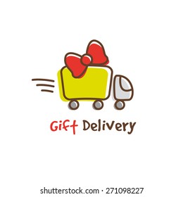 Vector trendy cartoon gifts express delivery logotype. Truck logo.