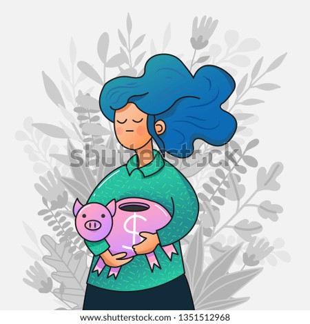 Vector trendy cartoon style young girl holding a piggy bank. Concept of cash savings, investment and economy. Collecting money for education, dream. Botanical background