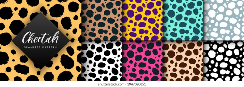 Vector Trendy cheetah skin seamless pattern set. Hand drawn wild animal leopard spots texture for fashion print design, fabric, wrapping paper, background, wallpaper.